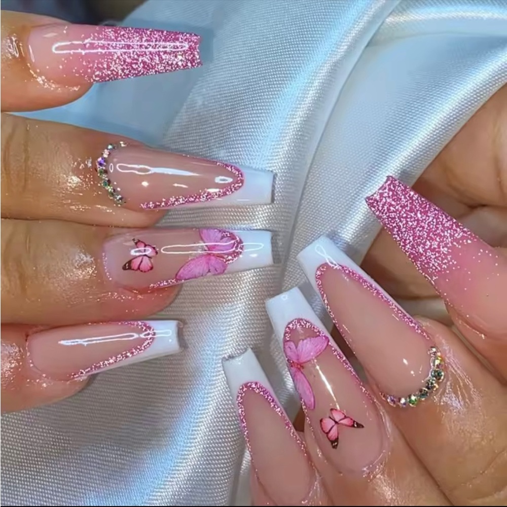 Pink Glitter and Butterfly Nail Art